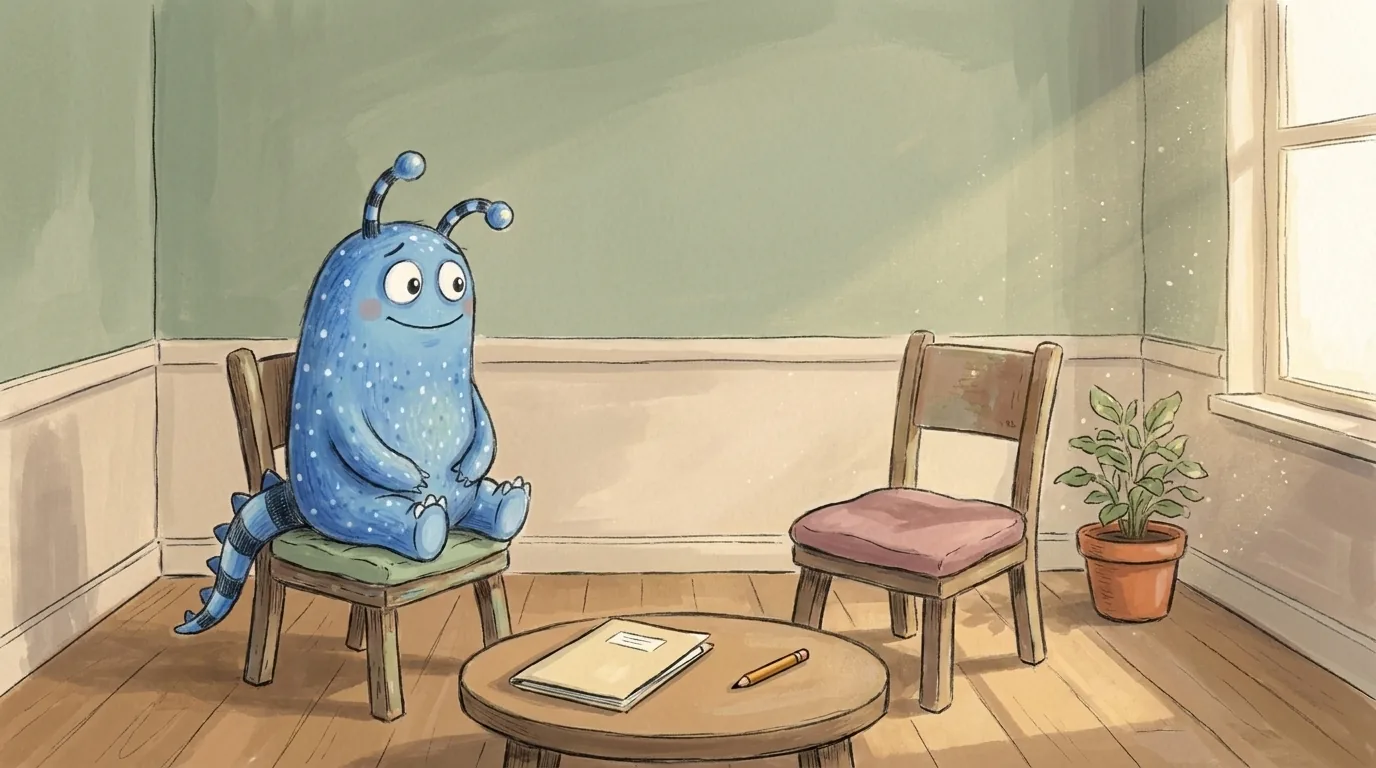 Anvido, das blaue Anvido-Monster, sitzt vor einem kleinen Tisch mit einer Mappe in einem freundlichen, hellen Beratungsraum und wartet hoffnungsvoll